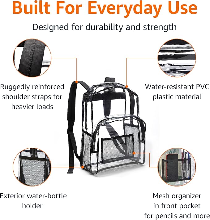 Amazon Basics Transparent Clear School Backpack, Water-Resistant PVC Plastic - Image 2