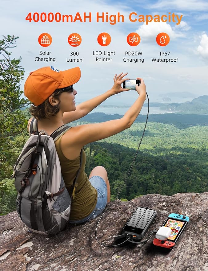 MINRISE Solar Charger Power Bank, 40000mAh Portable Charger PD 20W Fast - Image 2