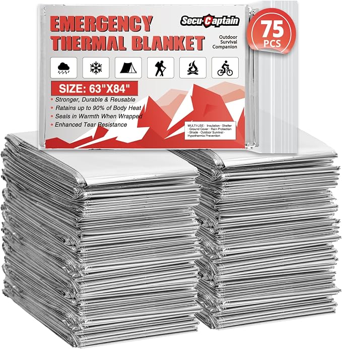 SecuCaptain Survival Emergency Thermal Blankets: 75 Pack Extra Large 84” x63” by SecuCaptain
