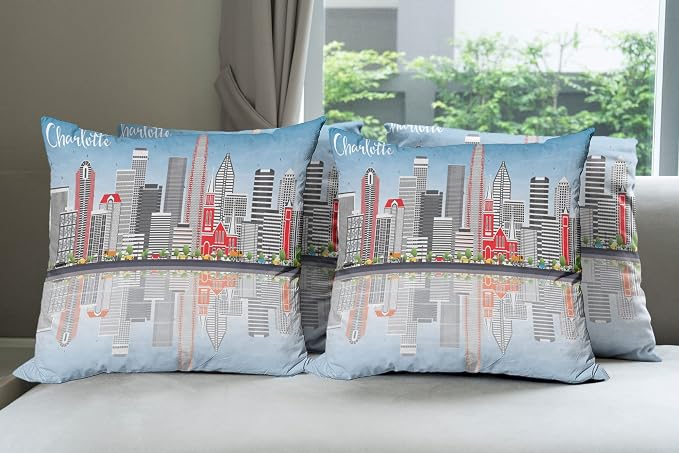 Ambesonne North Carolina Throw Pillow Cushion Case Pack of 4, Charlotte Skyline by Ambesonne