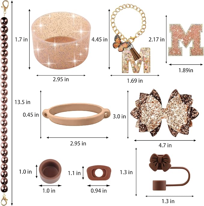 9PCS Brown for Stanley Cup Accessories Set Bling Initials Bow Charms for - Image 3