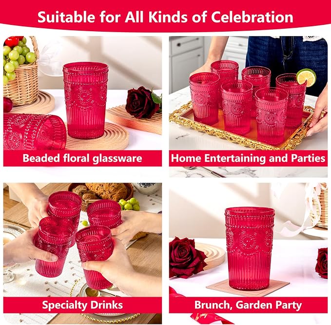 Ciaell 12 Pack Romantic Plastic Water Glasses - 14 Oz Red Vintage Drinking - Image 9