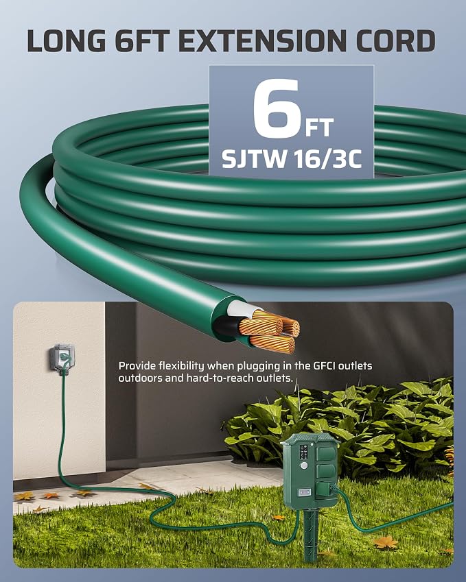 DEWENWILS Outdoor Power Stake Timer Waterproof, 6 Grounded Outlets, 6FT - Image 5