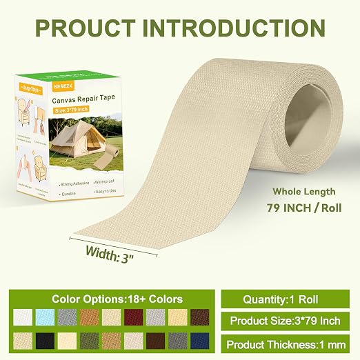 Besezx Canvas Repair Tape, Outdoor Gear Patch, 3x79 Inches, Waterproof - Image 2
