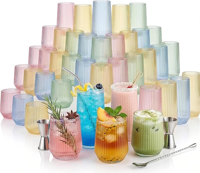 Oojami 48 Pack Ribbed Origami Ripple Plastic Glasses, 24 Stemless 9oz Champagne by Oojami