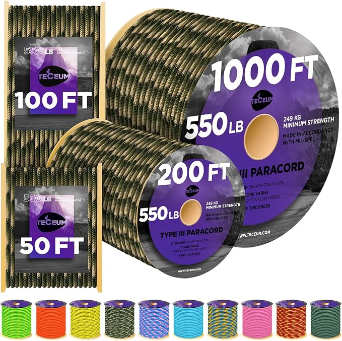 TECEUM Reflective Paracord Rope 1000 – 1000ft/200ft/100ft/50ft – 40+ Colors – by TECEUM