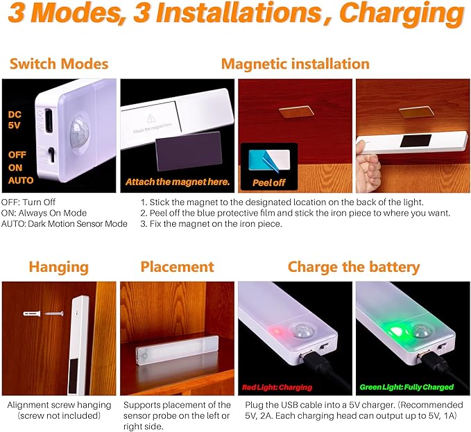 STAR-SPANGLED Under Cabinet Lighting Rechargeable, 8 inch Motion Sensor Lights - Image 3
