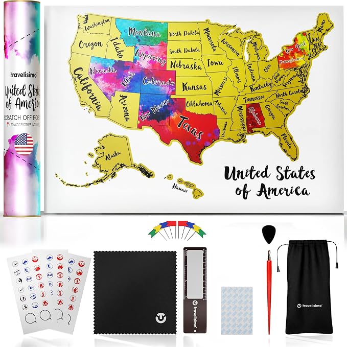 TRAVELISIMO Scratch Off Map of The United States, 12x17 inch Scratch USA by Travelisimo