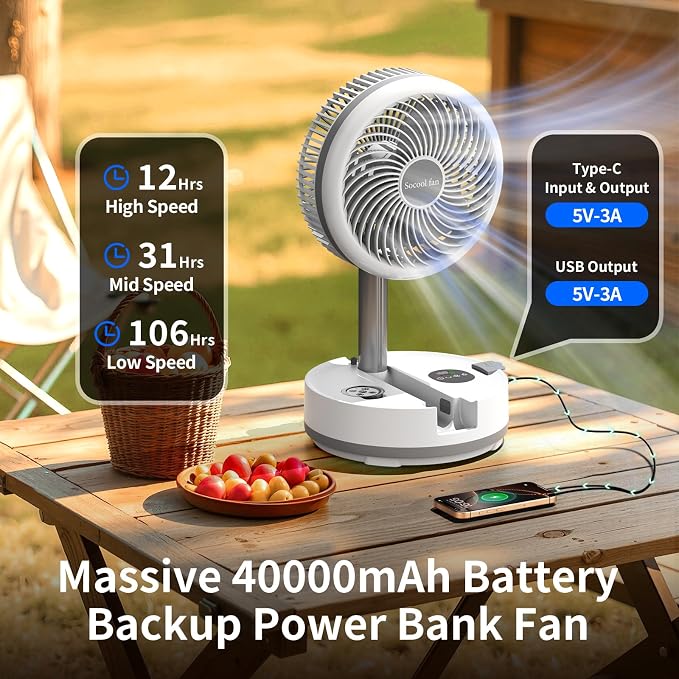Socool 40000mAh Battery Operated Foldable Fan, Rechargeable Standing Fan - Image 2