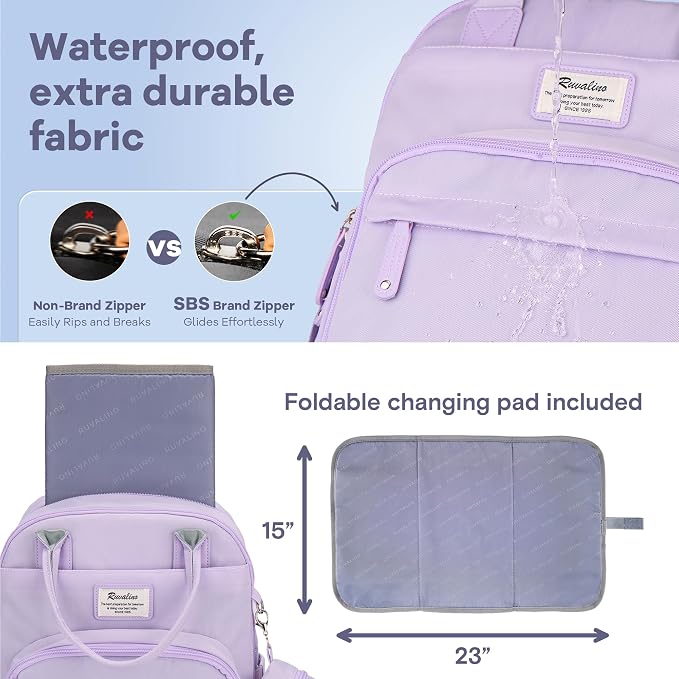 RUVALINO Diaper Bag Backpack, Large Capacity, Waterproof, Taro Purple - Image 5
