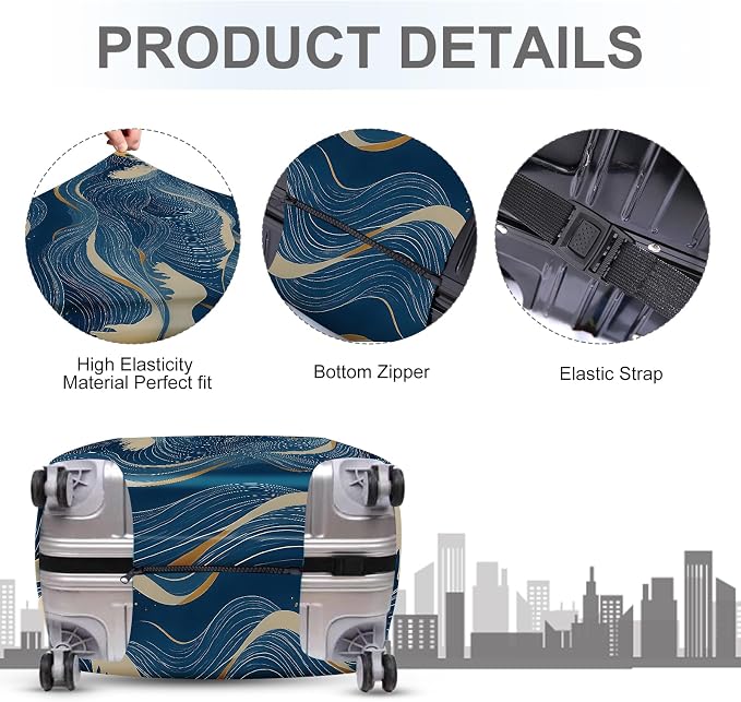 ANNA QUEEN Ocean Wave Luggage Cover, Elegant Blue Flow Line Design Suitcase - Image 4