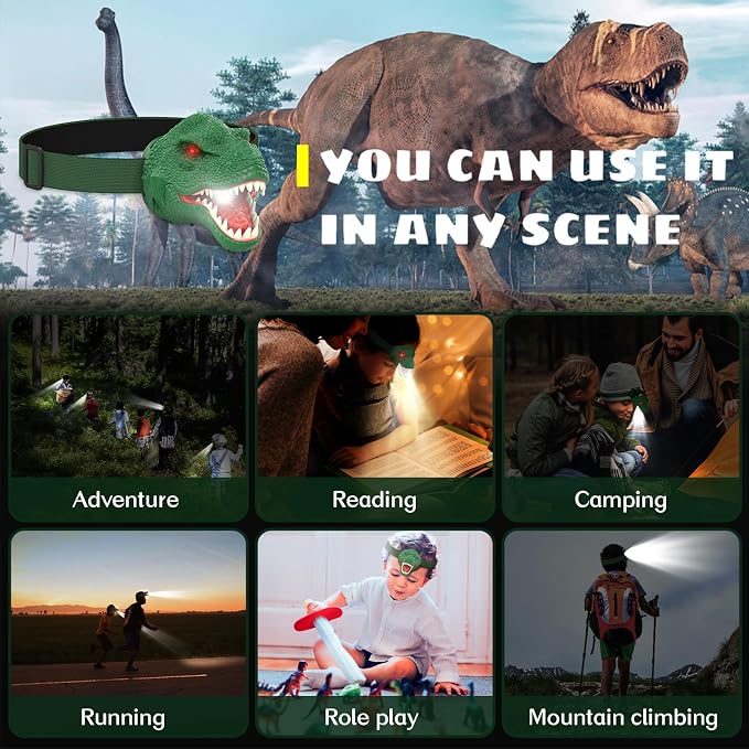 Dysaim Dinosaur Headlamp for Kids Flashlight Outdoor Camping Gear LED Reading - Image 3