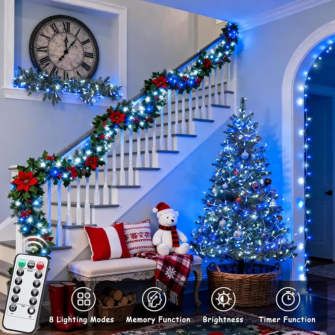 JMEXSUSS 2 Pack Blue and White Battery String Lights, Each 33ft 100 LED Battery - Image 2