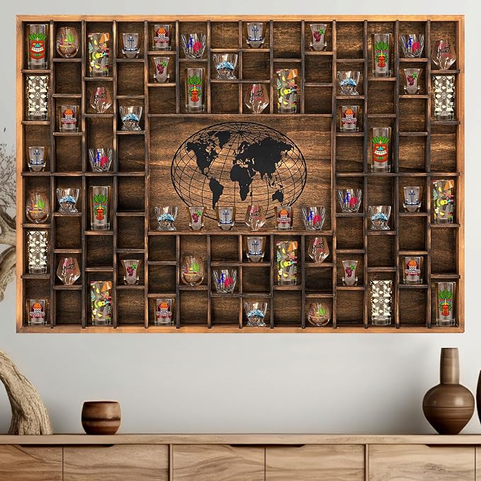 GlikCeil 88 Slots 48 x 34'' Jumbo World Map Shot Glass Display Case Rustic Wood by GlikCeil