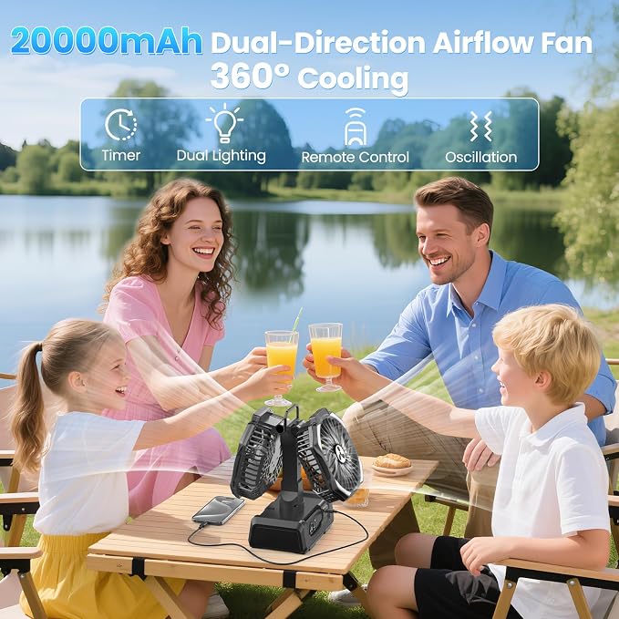 Dual Head Portable Rechargeable Fan 20000mAh Battery Powered Fan Camping - Image 2