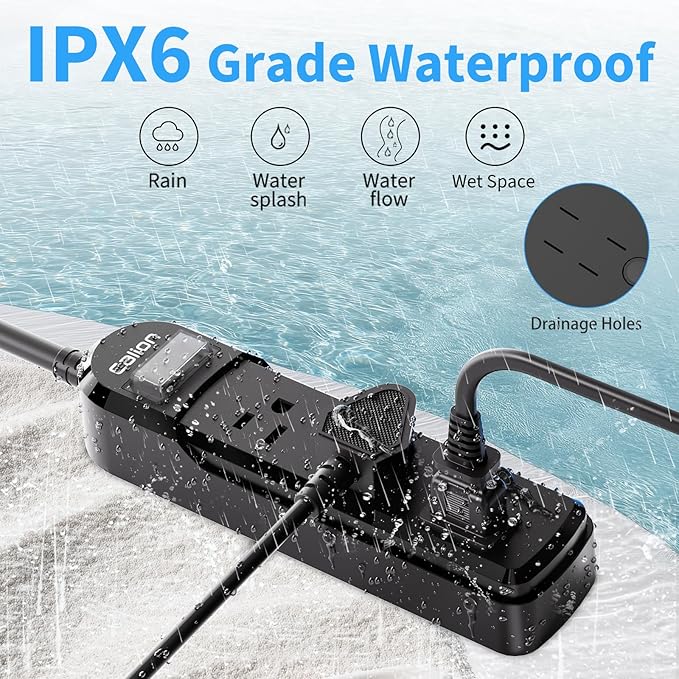 VNJ IPX6 Waterproof Outdoor Surge Protector Power Strip, 3AC Outlets 10FT Cord - Image 2