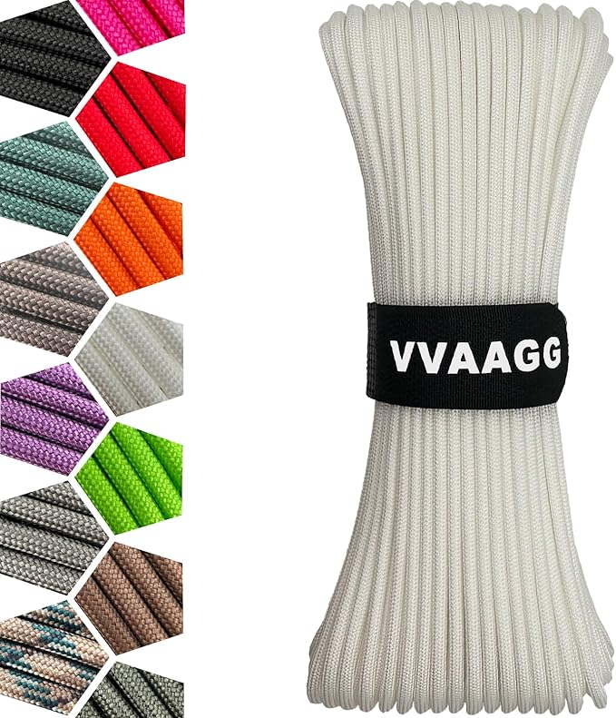 VVAAGG 1000 White Paracord Rope 100FT, 4mm Utility Parachute Cord 12 Strand by ParacordSpecialist