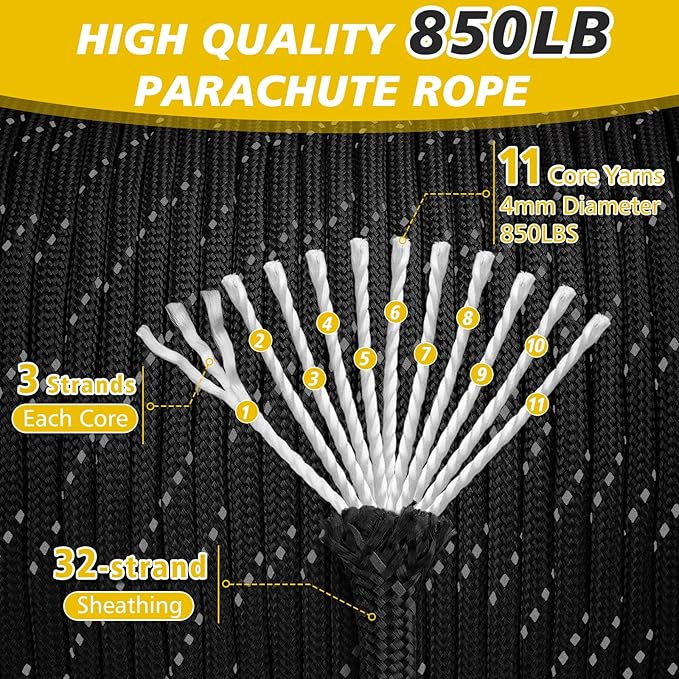 Reflective Paracord Rope 850Ib, 50/100/200/500/1000ft 4MM 11 Strand para Cords - Image 2