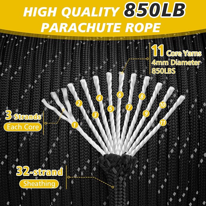Reflective Paracord Rope 850Ib, 50/100/200/500/1000ft 4MM 11 Strand para Cords - Image 2