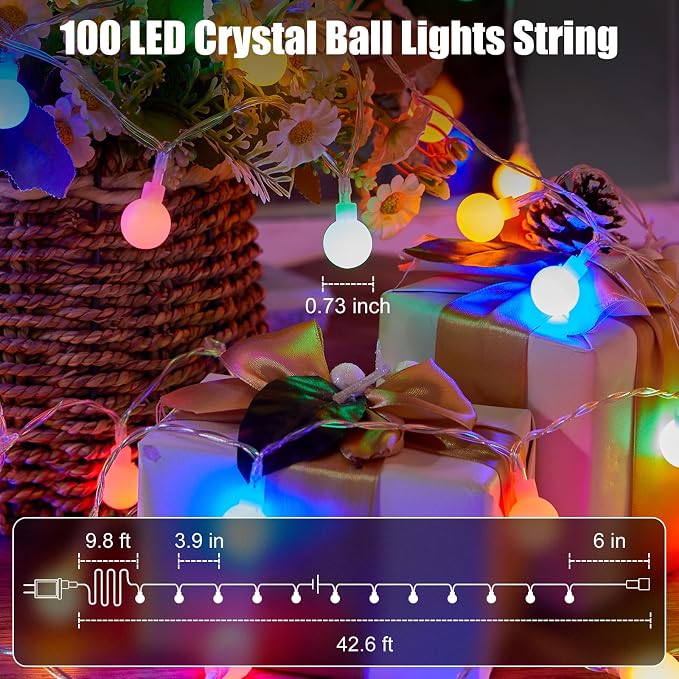 Minetom Globe String Lights, 33 Feet 100 Led Fairy Lights Plug in, 8 Modes - Image 4