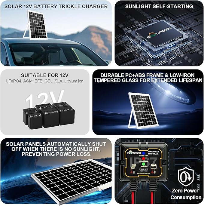 SOLPERK Solar Panel Kit 10W 12V, Waterproof Solar Battery Trickle Charger - Image 2