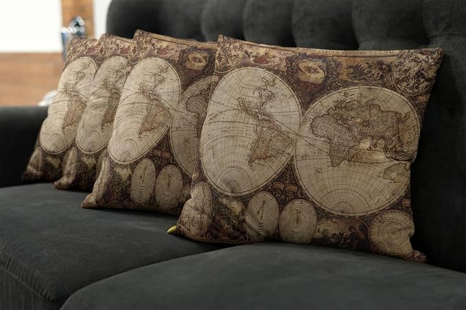 Ambesonne World Map Throw Pillow Cushion Case Pack of 4, Old World Map Drawn in - Image 7