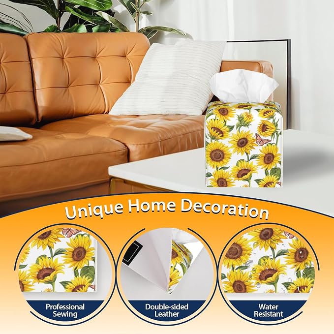 Tissue Box Cover Square, Sunflowers and Butterfly Tissue Box Holder Waterproof - Image 4