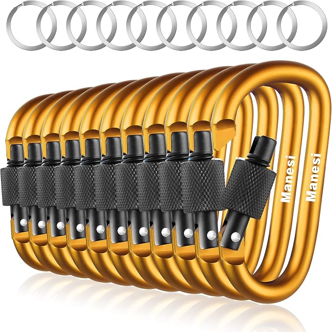 10 Pack Aluminum D Ring Key Rings Clips Locking Carabiner by Manesi