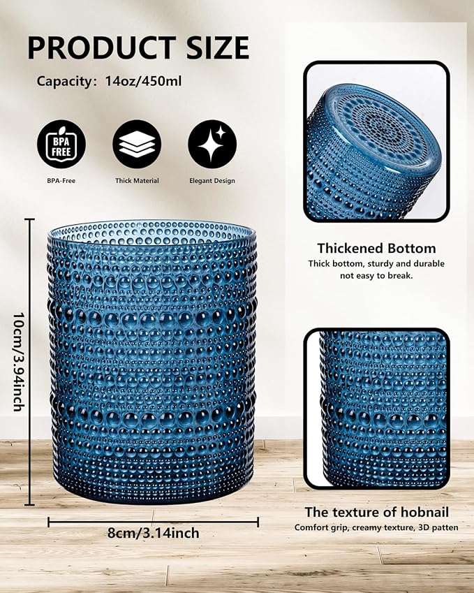YOUBET 24PCS Plastic Drinking Glasses - 14OZ Blue Hobnail Drinkware Glasses - - Image 2