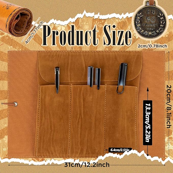 4 Pieces Leather Pencil Case, Creative Map Rollup Pencil Bag, Vintage Makeup - Image 2