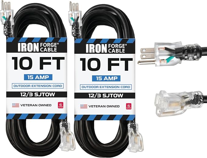 Iron Forge Cable 2 Pack 12 Gauge Outdoor Extension Cord 10 Ft, SJTOW 12/3 Heavy by IronForgeCable