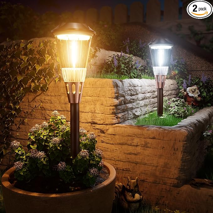 BITPOTT 2-in-1 Warm&Cool Solar Pathway Lights Outdoor, 2 Pack Solar Garden by BITPOTT