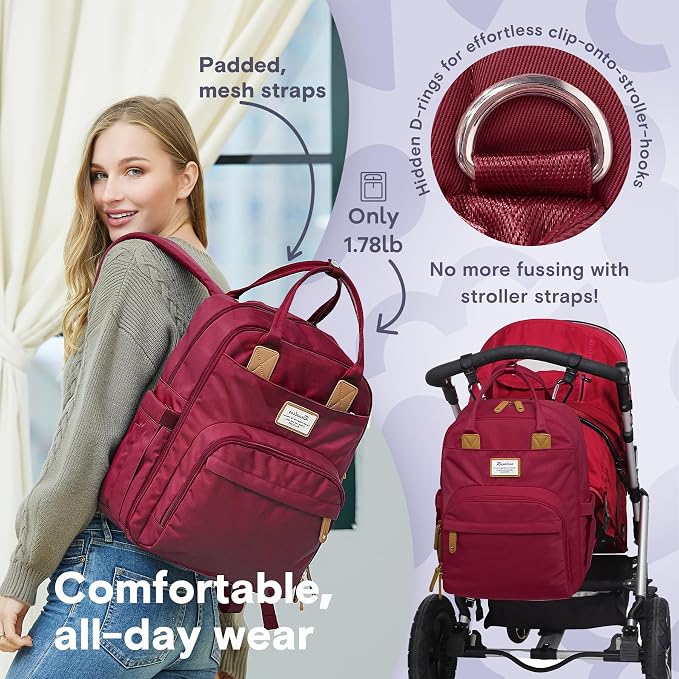 RUVALINO Diaper Bag Backpack, Large Capacity, Waterproof, Purplish Red - Image 5