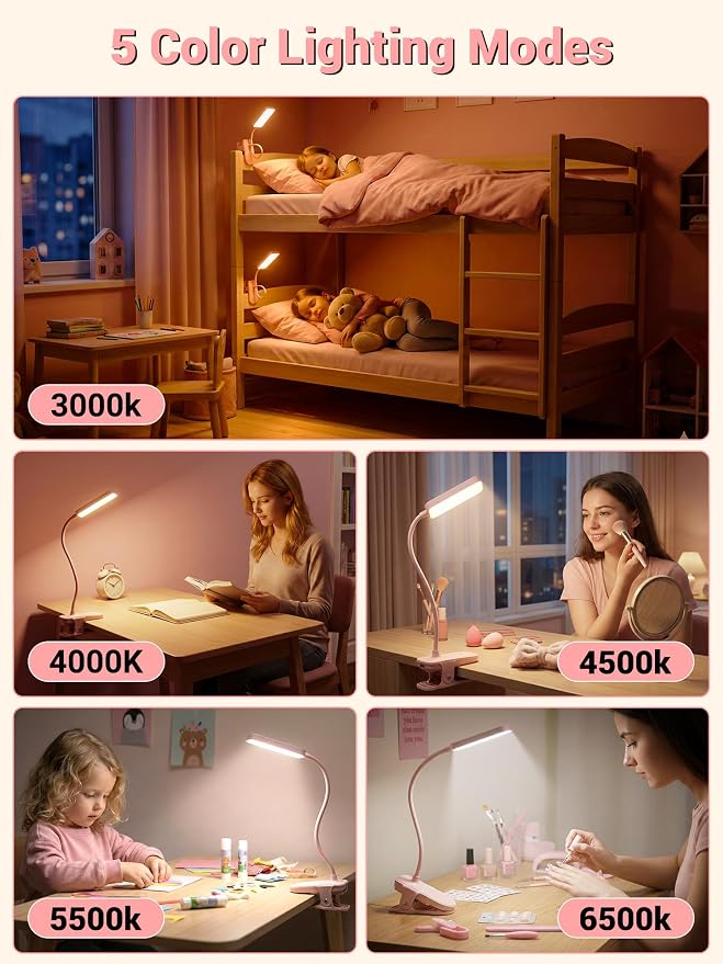 Pink Desk Lamp with Clamp Light, 9 Brightness+5 Color Clip on Light, 4000mAh - Image 3