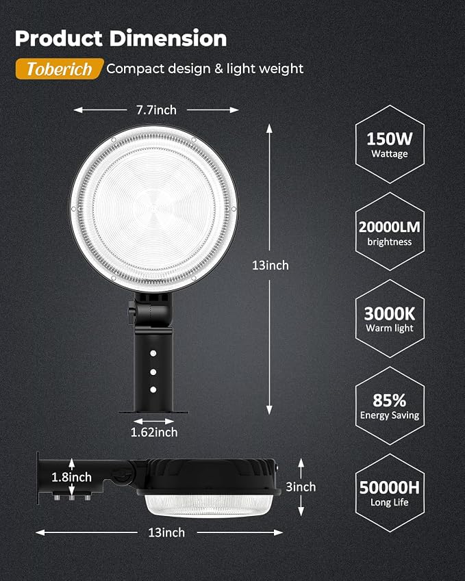 toberich LED Barn Light, 150W 20000LM Yard Area Lights Dusk to Dawn Outdoor - Image 6