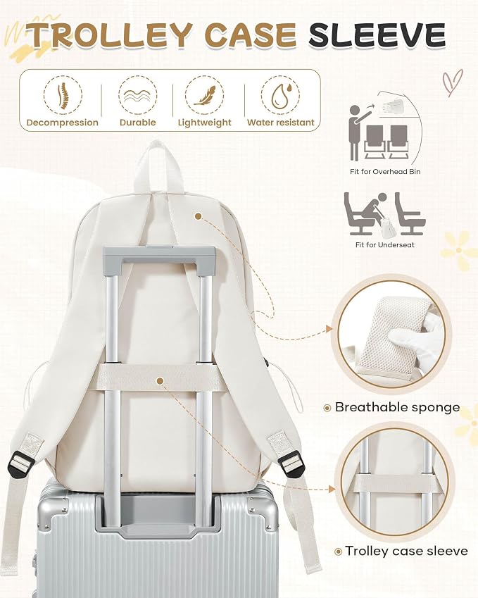 SEAFEW Beige School Backpack for Girls Women Waterproof High School Book Bag - Image 6