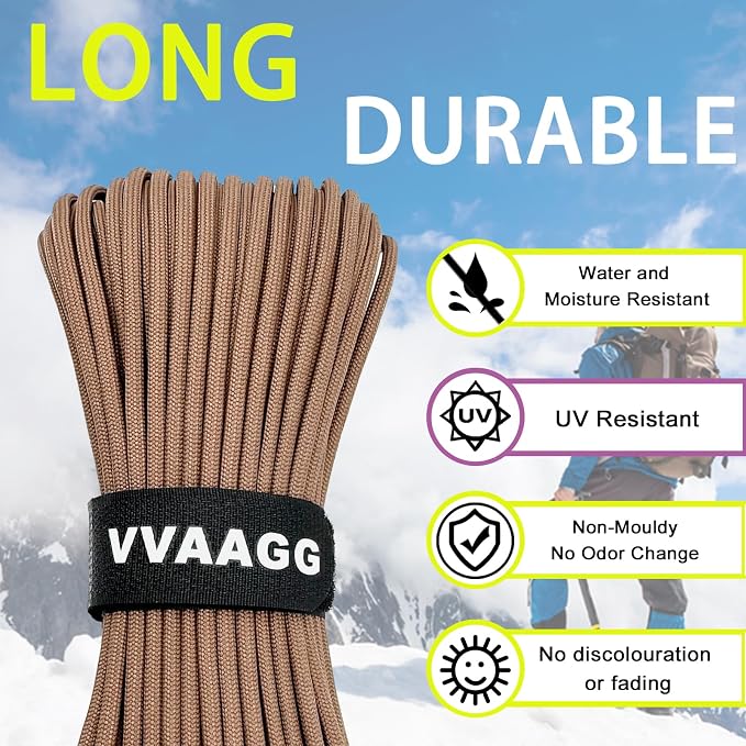 VVAAGG 1000 Tan Paracord100FT Utility Parachute Cord 4mm Nylon String12 Strand - Image 3