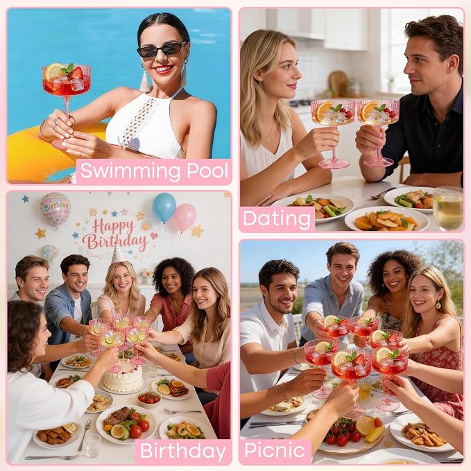 PLULON 12 Pcs Pink Champagne Martini Glasses Set 10 Oz Plastic Ribbed Coupe Cup - Image 5