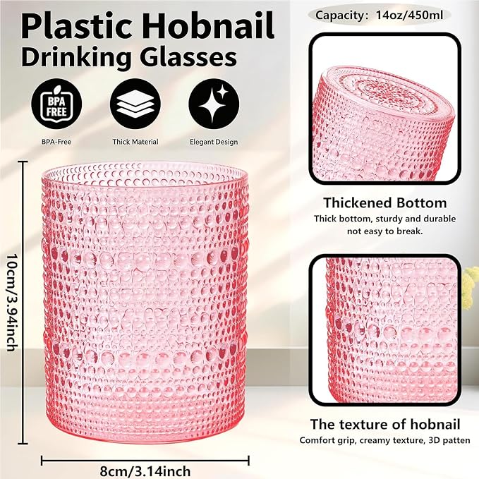 YOUBET 24PCS Plastic Drinking Glasses - 14OZ Pink Hobnail Drinkware Glasses - - Image 2