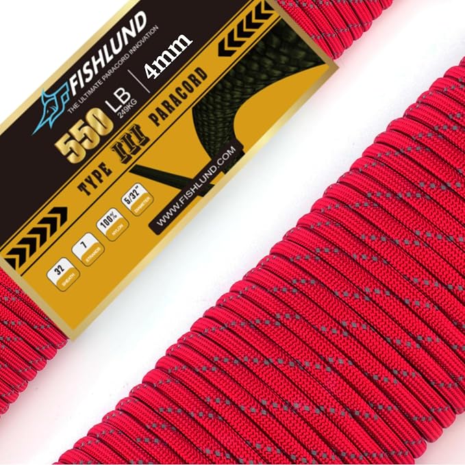 Reflective Paracord 550 lb, 7 Strand Paracord Rope 50ft 4mm, Nylon Parachute by FISHLUND