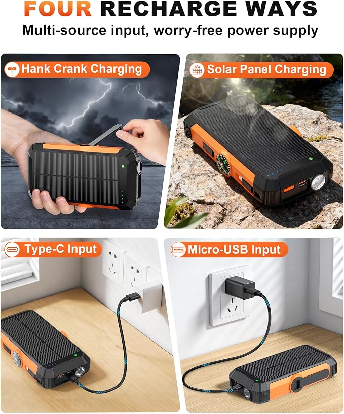 Solar Power Bank with Hand Crank and Retractable Cables, 20000mAh Wireless - Image 7