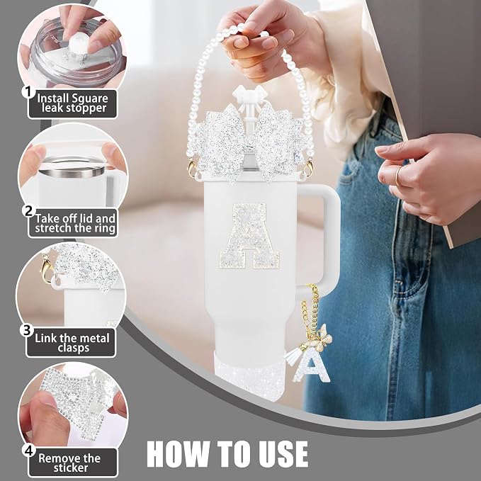 9PCS White for Stanley Cup Accessories Set Bling Initials Bow Charms for - Image 5