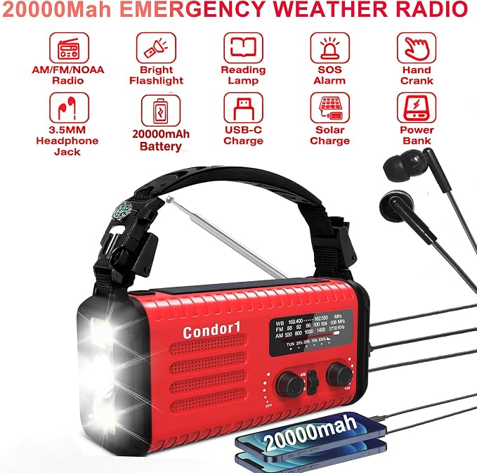 20000mAh Emergency Weather Radio, Solar Hand Crank Portable AM/FM/NOAA Radio - Image 2