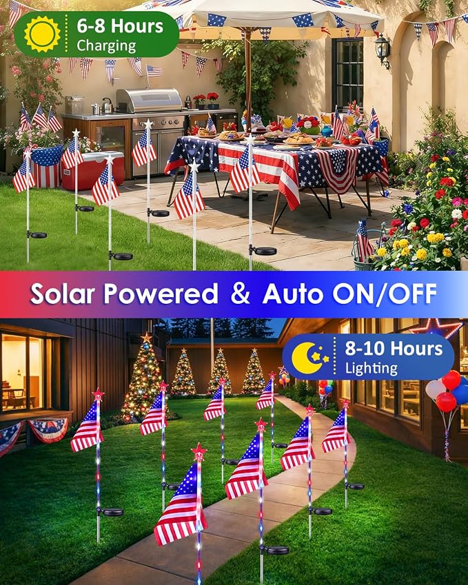 8 Pack American Flag Solar Lights Outdoor, 4th of July Decorations Red White - Image 4