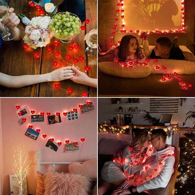 10FT Red Heart Fairy Lights Battery Operated - Image 2