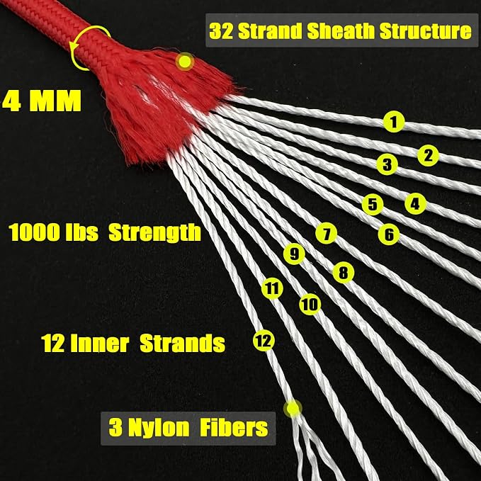 VVAAGG 1000 Red Paracord 200FT Utility Parachute Cord 4mm Nylon String12 Strand - Image 2