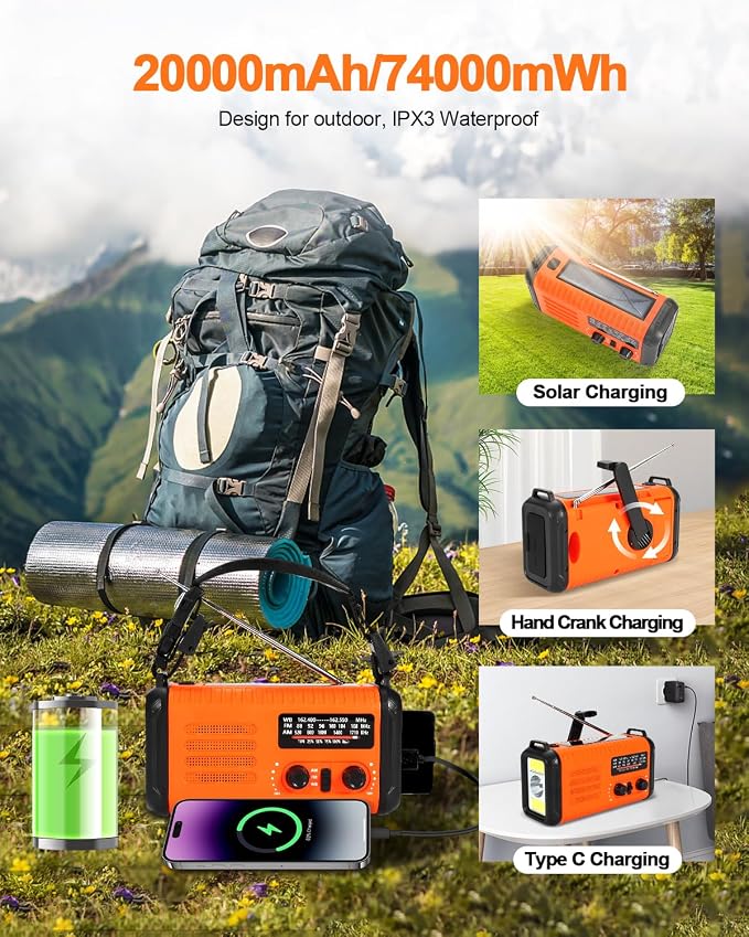 Emergency Crank Radio, 20000mAh / 74000mWh Solar Hand Crank Weather Radio - Image 6