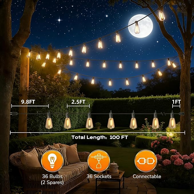 GPATIO Outdoor String Lights, 100FT ST38 Bulbs Shatterproof Patio Lights - Image 6