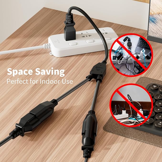 Elecan 3-Prong Y Splitter Power Extension Cord 1 FT/2 Pack, Straight Plug 1 to - Image 2