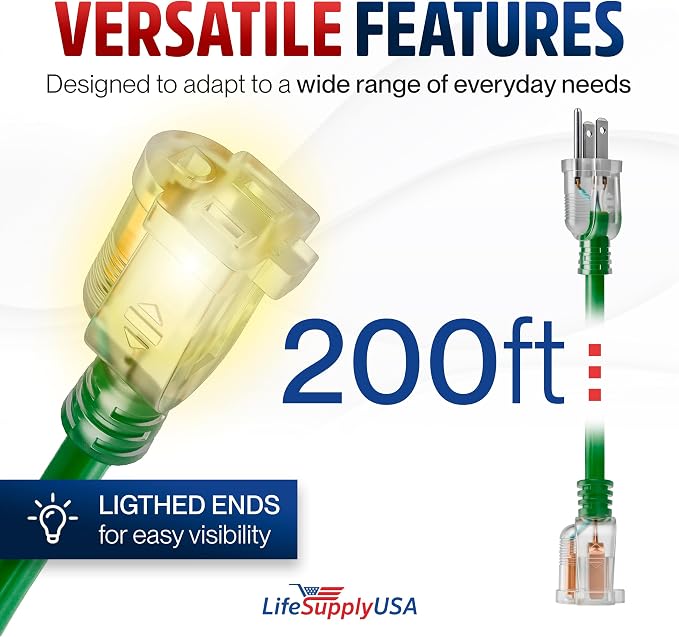 200ft Outdoor/Indoor Extension Cord 14/3 Gauge Heavy Duty 3 Prong SJTW - Image 6